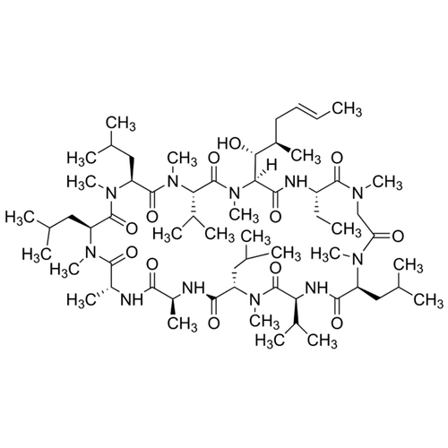 Chemical structure of Cyclosporine (SIH-201), a Inhibits mitochondrial permeability pore opening. CAS #: 59865-13-3. Molecular Formula: C62H111N11O12 . Molecular Weight: 1202.63 g/mol.