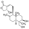 Chemical structure of Andrographolide (SIH-220), a Induces mitochondrial -mediated apoptosis in lymphoma cells. CAS #: 5508-58-7. Molecular Formula: C20H30O5. Molecular Weight: 350.45 g/mol.