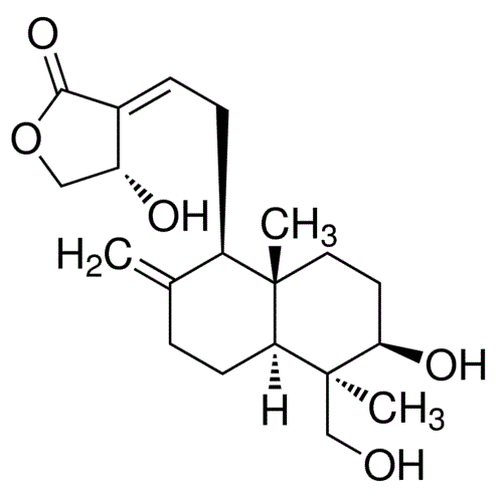 Chemical structure of Andrographolide (SIH-220), a Induces mitochondrial -mediated apoptosis in lymphoma cells. CAS #: 5508-58-7. Molecular Formula: C20H30O5. Molecular Weight: 350.45 g/mol.