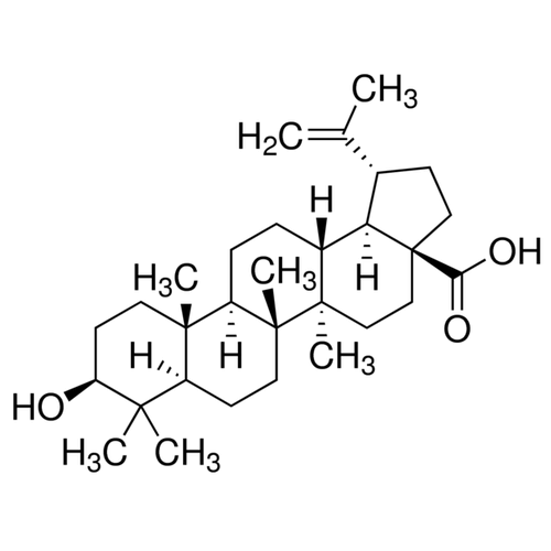 Chemical structure of Betulinic Acid (SIH-221), a Induces mitochondrial permeability pore opening. CAS #: 472-15-1. Molecular Formula: C30H48O3 . Molecular Weight: 456.7 g/mol.