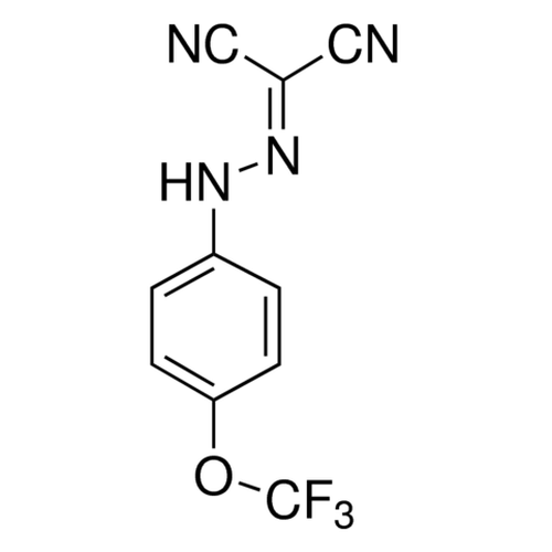 Chemical structure of FCCP (SIH-222), a Inhibits mitochondrial oxidative phosphorylation. CAS #: 370-86-5. Molecular Formula: C10H5F3N4O. Molecular Weight: 254.17 g/mol.