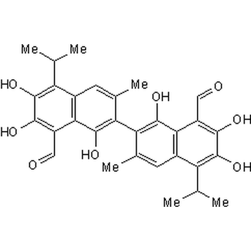 Chemical structure of R(-)-Gossypol (SIH-223), a Bcl-2 inhibitor. CAS #: 303-45-7. Molecular Formula: C30H30O8. Molecular Weight: 518.56 g/mol.