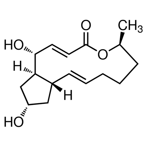 Chemical structure of Brefeldin A (SIH-225), a Inhibits intracellular transport. CAS #: 20350-15-6. Molecular Formula: C16H24O4. Molecular Weight: 280.36 g/mol.