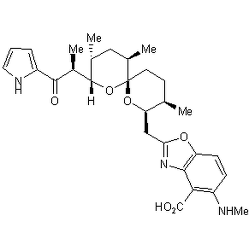 Chemical structure of Antibiotic A-23187 (SIH-227), a Ca2+ ionophore. CAS #: 52665-69-7. Molecular Formula: C29H37N3O6. Molecular Weight: 523.63 g/mol.