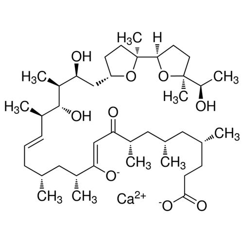 Chemical structure of Ionomycin (SIH-228), a Ca2+ ionophore. CAS #: 56092-81-0. Molecular Formula: C41H70O9. Molecular Weight: 709.01 g/mol.