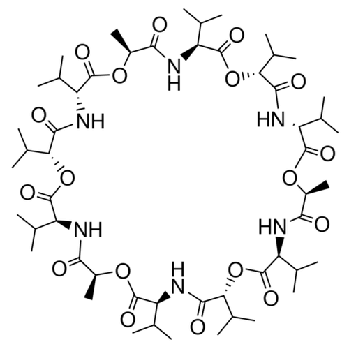 Chemical structure of Valinomycin (SIH-230), a Induces loss of mitochondrial membrane potential. CAS #: 2001-95-8. Molecular Formula: C54H90N6O18. Molecular Weight: 1111.32 g/mol.