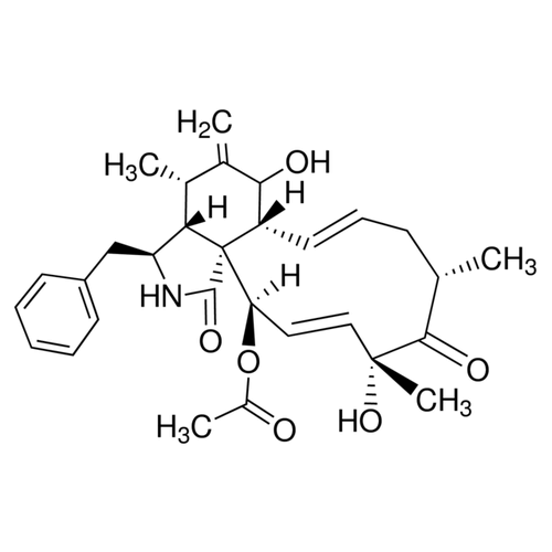 Chemical structure of Cytochalasin D (SIH-241), a Disrupts actin filaments. CAS #: 22144-77-0. Molecular Formula: C30H37NO6. Molecular Weight: 507.63 g/mol.