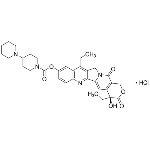 Chemical structure of Irinotecan HCl (SIH-243), a Topoisomerase I inhibitor. CAS #: 100286-90-6. Molecular Formula: C33H38N4O6.HCl. Molecular Weight: 623.14 g/mol.