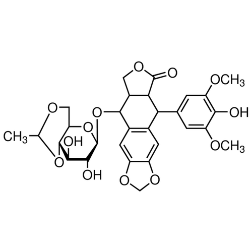 Chemical structure of Etoposide (SIH-244), a Topoisomerase II inhibitor. CAS #: 33419-42-0. Molecular Formula: C29H32O13. Molecular Weight: 588.56 g/mol.