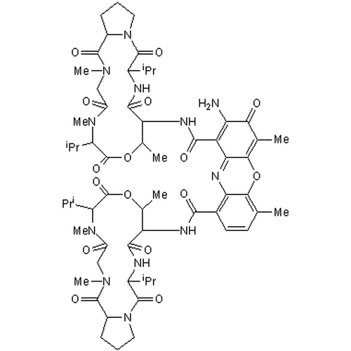 Chemical structure of Actinomycin D (SIH-245), a Transcription inhibitor. CAS #: 50-76-0. Molecular Formula: C62H86N12O16. Molecular Weight: 1255.43 g/mol.