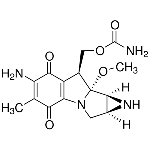 Chemical structure of Mitomycin C (SIH-246), a DNA crosslinking and damaging agent. CAS #: 50-07-7. Molecular Formula: C15H18N4O5. Molecular Weight: 334.33 g/mol.