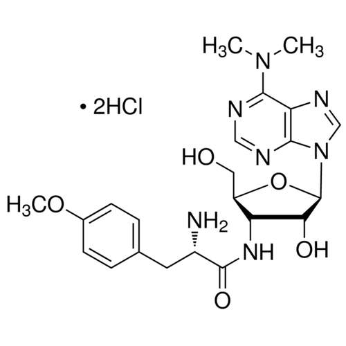 Chemical structure of Puromycin HCl (SIH-248), a Translation inhibitor. CAS #: 58-58-2. Molecular Formula: C22H29N7O5 x 2HCl. Molecular Weight: 544.43 g/mol.