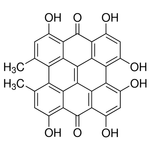 Chemical structure of Hypericin (SIH-250), a Protein kinase C inhibitor. CAS #: 548-04-9. Molecular Formula: C30H16O8 . Molecular Weight: 504.45 g/mol.