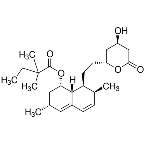 Chemical structure of Simvastatin (SIH-257), a HMG-CoA reductase inhibitor. CAS #: 79902-63-9. Molecular Formula: C25H38O5. Molecular Weight: 418.57 g/mol.