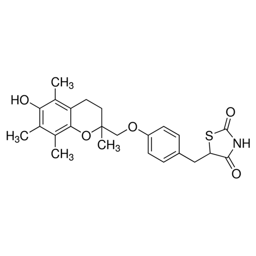 Chemical structure of Troglitazone (SIH-260), a PPARgamma agonist. CAS #: 97322-87-7. Molecular Formula: C24H27NO5S. Molecular Weight: 441.54 g/mol.