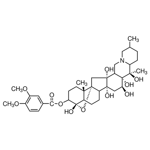 Chemical structure of Veratridine (SIH-300), a Na channel opener. CAS #: 71-62-5. Molecular Formula: C36H51NO11. Molecular Weight: 673.79 g/mol.