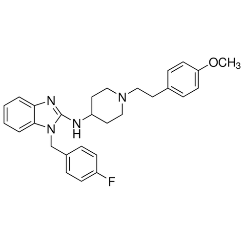 Chemical structure of Astemizole (SIH-302), a Herg channel blocker. CAS #: 68844-77-9. Molecular Formula: C28H31FN4O. Molecular Weight: 458.57 g/mol.