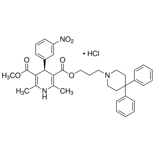 Chemical structure of (R, S)-Niguldipine HCl (SIH-319), a L-type Ca channel blocker. CAS #: 113317-61-6. Molecular Formula: C36H39N3O6.HCl. Molecular Weight: 646.18 g/mol.