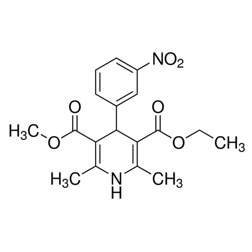 Chemical structure of Nitrendipine (SIH-320), a L-type Ca channel blocker. CAS #: 39562-70-4. Molecular Formula: C18H20N2O6. Molecular Weight: 360.37 g/mol.
