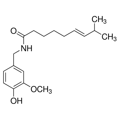Chemical structure of Capsaicin (SIH-322), a TRPV1opener. CAS #: 404-86-4. Molecular Formula: C18H27NO3. Molecular Weight: 305.41 g/mol.