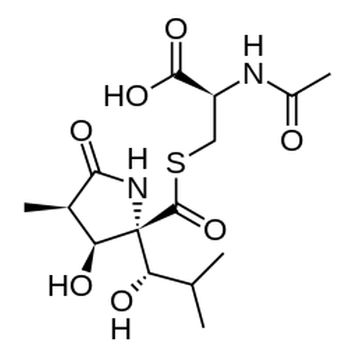 Chemical structure of Lactacystin (SIH-327), a Proteasome inhibitor. CAS #: 133343-34-7. Molecular Formula: C15H24N2O7S. Molecular Weight: 376.4 g/mol.