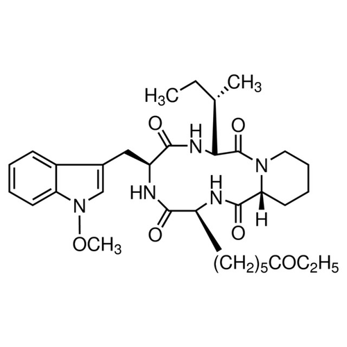 Chemical structure of Apicidin (SIH-346), a HDAC inhibitor. CAS #: 183506-66-3. Molecular Formula: C34H49N5O6 . Molecular Weight: 623.8 g/mol.