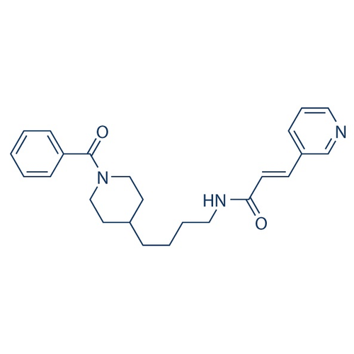 Chemical structure of FK-866 HCl (SIH-354), a NAD biosynth inhib. (SIR down regulator). CAS #: 658084-64-1. Molecular Formula: C24H29N3O2.HCl. Molecular Weight: 428 g/mol.