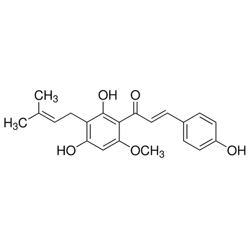 Chemical structure of Xanthohumol (SIH-370), a Autophagy inhibitor. CAS #: 6754-58-1. Molecular Formula: C21H22O5. Molecular Weight: 354.4 g/mol.
