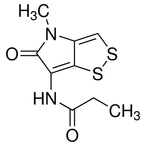 Chemical structure of Thiolutin (SIH-375), a HSP27 perturbing agent. CAS #: 87-11-6. Molecular Formula: C8H8N2O2S2. Molecular Weight: 228.3 g/mol.
