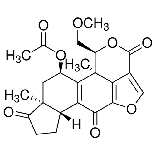 Chemical structure of Wortmannin (SIH-392), a Autophagy inhibitor. CAS #: 19545-26-7. Molecular Formula: C23H24O8. Molecular Weight: 428.44 g/mol.