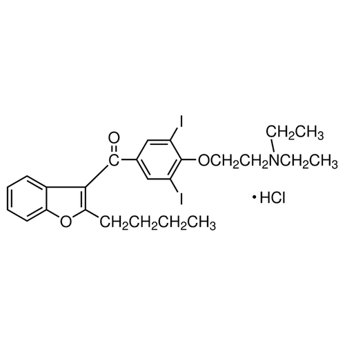 Chemical structure of Amiodarone Hydrochloride (SIH-393), a Autophagy inducer. CAS #: 19774-82-4. Molecular Formula: C25H29I2NO3.HCl. Molecular Weight: 681.77 g/mol.