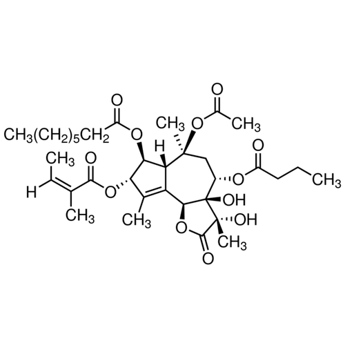 Chemical structure of Thapsigargin (SIH-399), a Autophagy inhibitor. CAS #: 67526-95-8. Molecular Formula: C34H50O12. Molecular Weight: 650.8 g/mol.