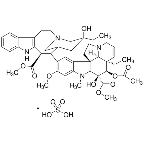 Chemical structure of Vinblastine sulfate (SIH-407), a Microtubule assembly inhibitor. CAS #: 143-67-9. Molecular Formula: C46H58N4O9 . H2SO4. Molecular Weight: 909.1 g/mol.