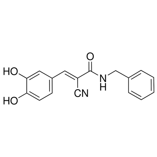 Chemical structure of AG490 (SIH-428), a JAK-2 kinase inhibitor. CAS #: 133550-30-8. Molecular Formula: C17H14N2O3. Molecular Weight: 294.3 g/mol.