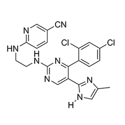 Chemical structure of CHIR99021 (SIH-437), a GSK3beta kinase inhibitor. CAS #: 252917-06-9. Molecular Formula: C22H18Cl2N8. Molecular Weight: 465.3 g/mol.