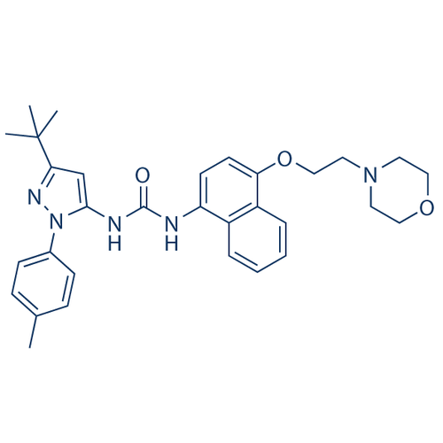 Chemical structure of Doramapimod (SIH-442), a p38 MAP kinase inhibitor. CAS #: 285983-48-4. Molecular Formula: C31H37N5O3. Molecular Weight: 527.7 g/mol.