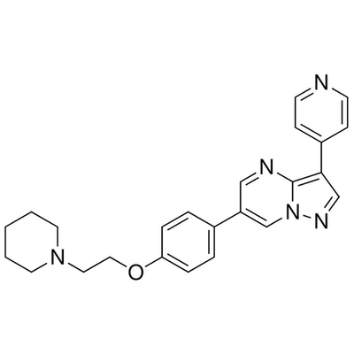Chemical structure of Dorsomorphin (SIH-443), a AMPK kinase inhibitor. CAS #: 866405-64-3. Molecular Formula: C24H25N5O. Molecular Weight: 399.5 g/mol.