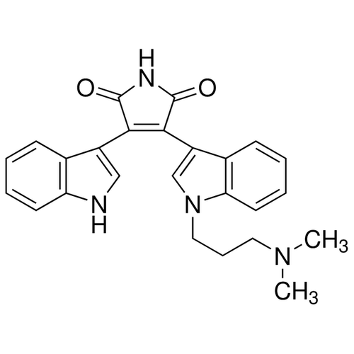 Chemical structure of GF109203X (SIH-447), a PKC kinase inhibitor. CAS #: 133052-90-1. Molecular Formula: C25H24N4O2. Molecular Weight: 412.5 g/mol.
