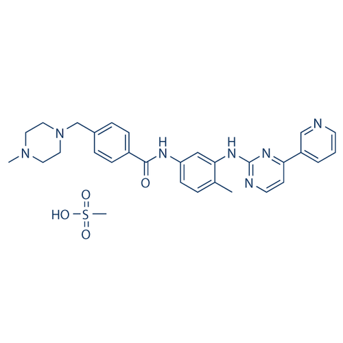 Chemical structure of Imatinib mesylate (SIH-453), a BCR-ABL kinase inhibitor. CAS #: 152459-95-5. Molecular Formula: C30H35N7O4S. Molecular Weight: 589.7 g/mol.