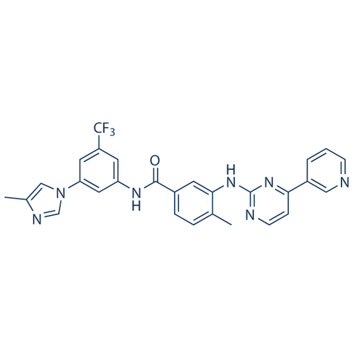 Chemical structure of Nilotinib (SIH-463), a BCR-ABL kinase inhibitor. CAS #: 641571-10-0. Molecular Formula: C28H22F3N7O. Molecular Weight: 529.5 g/mol.