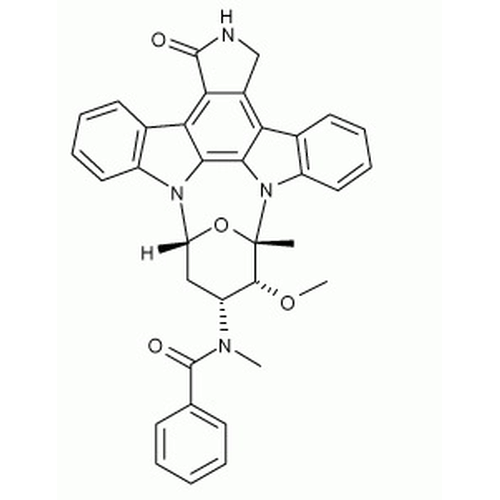 Chemical structure of Midostaurin (SIH-468), a Protein kinase inhibitor (pan spec.). CAS #: 120685-11-2. Molecular Formula: C35H30N4O4. Molecular Weight: 570.6 g/mol.