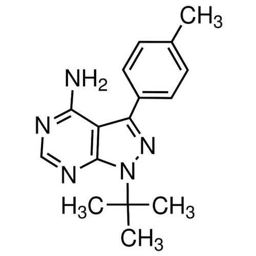 Chemical structure of PP1 (SIH-469), a Src family kinase inhibitor. CAS #: 172889-26-8. Molecular Formula: C16H19N5. Molecular Weight: 281.4 g/mol.