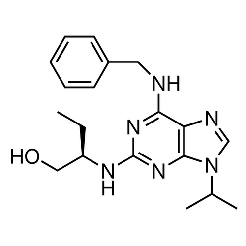 Chemical structure of Roscovitine (SIH-472), a p34/cdc2 inhibitor. CAS #: 186692-46-6. Molecular Formula: C19H26N6O. Molecular Weight: 354.4 g/mol.