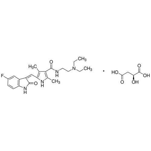 Chemical structure of Sunitinib malate (SIH-482), a VEGFR, PDGFR kinase inhibitor. CAS #: 557795-19-4. Molecular Formula: C22H27FN4O2. Molecular Weight: 398.5 g/mol.