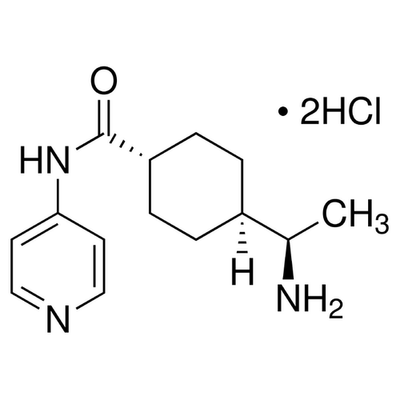 Chemical structure of Y 27632 (SIH-486), a ROCK family kinase inhibitor. CAS #: 146986-50-7. Molecular Formula: C14H23Cl2N3O. Molecular Weight: 320.3 g/mol.