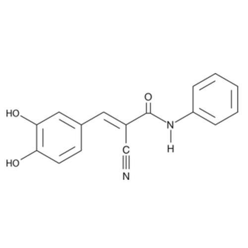 Chemical structure of AG 494 (SIH-491), a EGF receptor tyrosine kinase inhibitor. CAS #: 133550-35-3. Molecular Formula: C16H12N2O3. Molecular Weight: 280.3 g/mol.