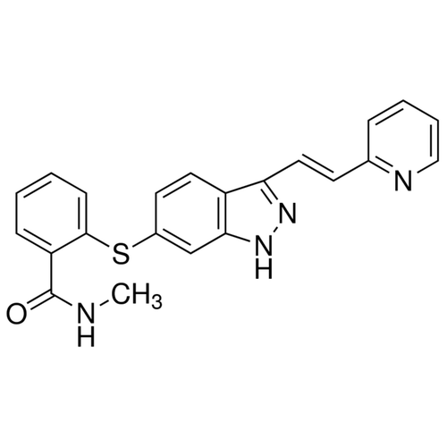 Chemical structure of Axitinib (SIH-494), a VEGFR kinase inhibitor. CAS #: 319460-85-0. Molecular Formula: C22H18N4OS. Molecular Weight: 386.5 g/mol.