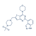 Chemical structure of GDC 0941 (SIH-501), a pan-PI3K kinase inhibitor. CAS #: 957054-30-7. Molecular Formula: C23H27N7O3S2. Molecular Weight: 513.63 g/mol.