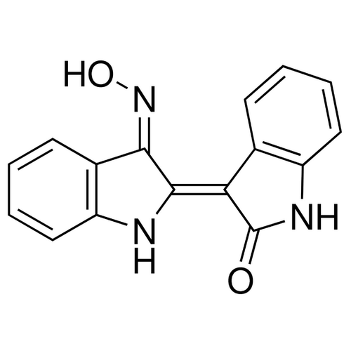 Chemical structure of Indirubin-3'-monoxime (SIH-502), a GSK-3b and CDK kinase inhibitor. CAS #: 160807-49-8. Molecular Formula: C16H11N3O2. Molecular Weight: 277.3 g/mol.