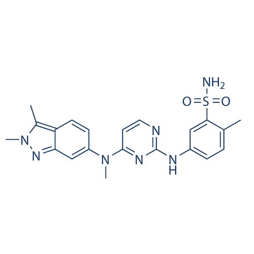 Chemical structure of Pazopanib (SIH-506), a Multi target receptor tyrosine kinase inhibitor. CAS #: 44473-52-6. Molecular Formula: C21H23N7O2S. Molecular Weight: 437.5 g/mol.